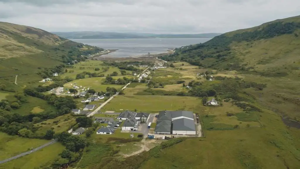 aerial view of a Scottish distillery, where the history of scotch whisky is rich